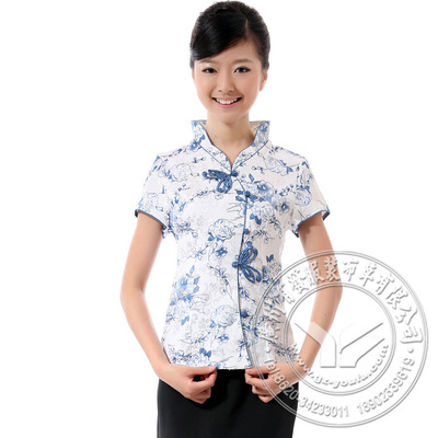 【工廠新款直銷批發 純白短袖藍玫瑰中式促銷農家樂服務員工作服】價格,廠家,圖片,制服、工作服,廣州市海珠區有發服裝商行-
